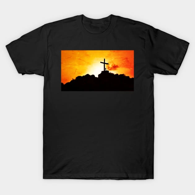 Cross On A Hill With Sunset - Chrisitan T-Shirt by ChristianShirtsStudios